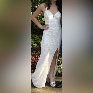 White sequins prom dress with full slit